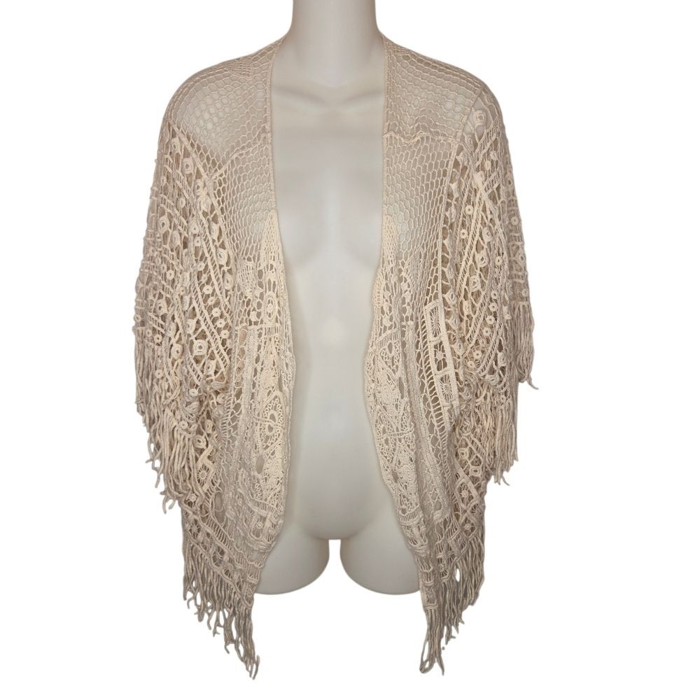 Do Everything In Love Crochet Fringe Cream Open Front Cardigan One Size OS